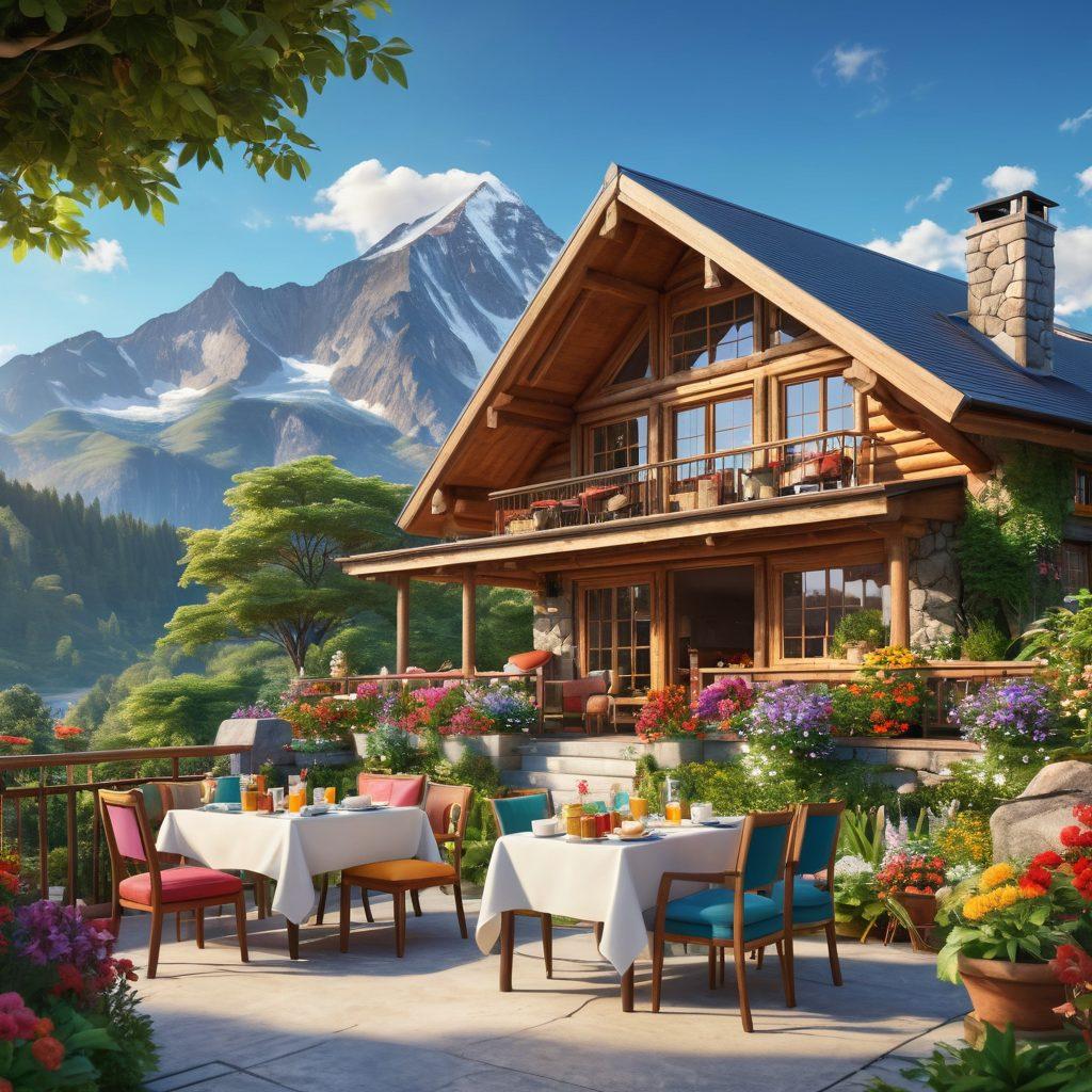 A serene travel scene showcasing a cozy, inviting lodge surrounded by lush greenery and vibrant flowers, with joyful travelers enjoying breakfast on a sunny terrace. In the background, majestic mountains and a clear blue sky enhance the sense of adventure and happiness. Include elements like colorful luggage and smiling faces to emphasize joy in travel. super-realistic. vibrant colors. 3D.