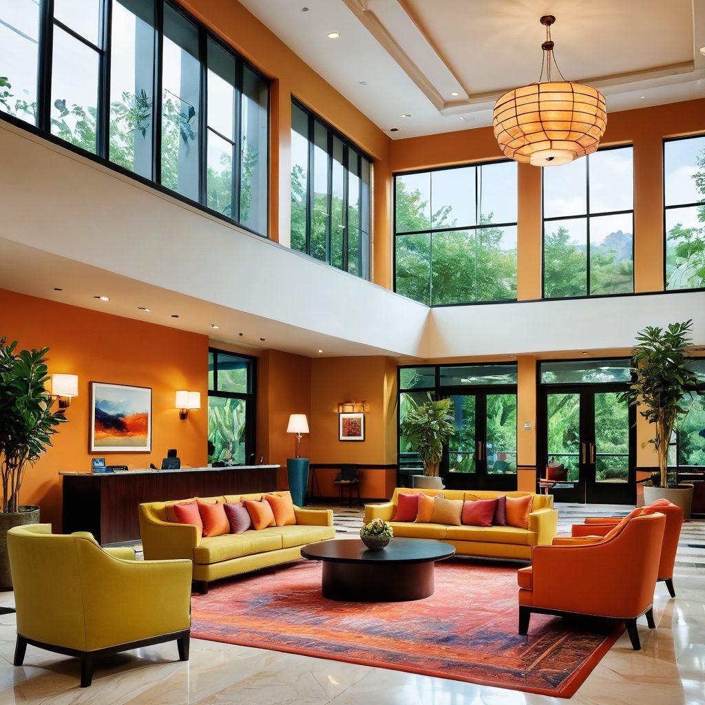 An inviting hotel lobby filled with bright, cheerful colors, featuring smiling staff welcoming guests with open arms. Plentiful greenery and a cozy seating area by large, airy windows showcasing a stunning view of a serene landscape. Guests laughing and enjoying themselves in a blissful atmosphere, with details like warm lighting and elegant decor accentuating comfort and happiness. super-realistic. vibrant colors. 3D.