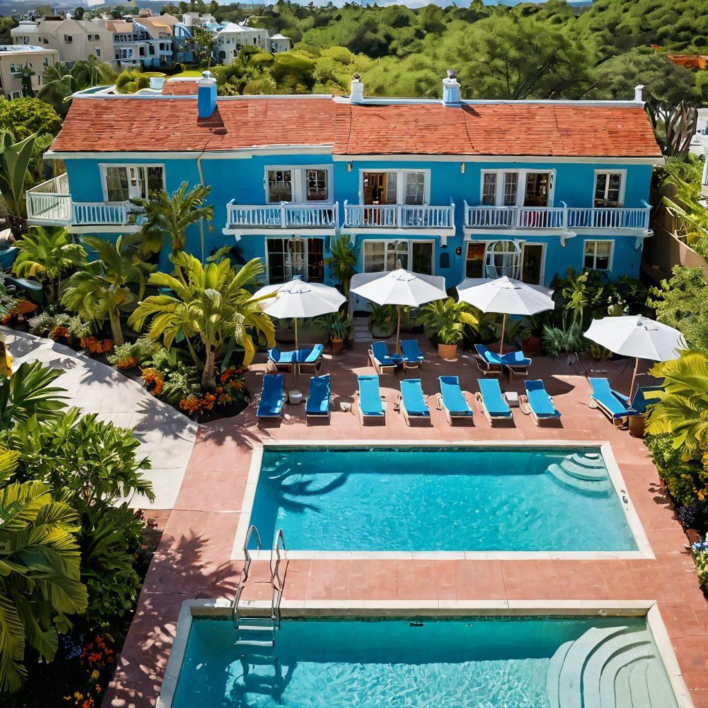 A vibrant, sunny outdoor scene featuring a variety of cheerful hotels with colorful facades and lush gardens, each uniquely designed to exude joy. Include happy guests enjoying the amenities like pools, hammocks, and outdoor seating. The setting should reflect a warm, inviting atmosphere with bright blue skies and fluffy white clouds, surrounded by scenic landscapes. super-realistic. vibrant colors. sunny ambiance.